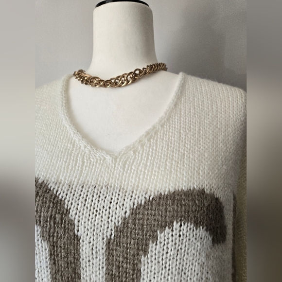 CEZELE "ROCK" Cream Wool Blend Knit Realxed Fit V Neck Sweater. Size Medium - Picture 4 of 14